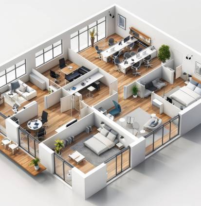 square open layout bim 3d office floor plan isometric view on white background square open layout bim 3d office floor plan isometric view on white background