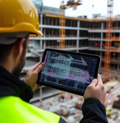 Engineers and architects using augmented reality to view a BIM model superimposed on a construction site Engineers and architects using augmented reality to view a BIM model superimposed on a construction site